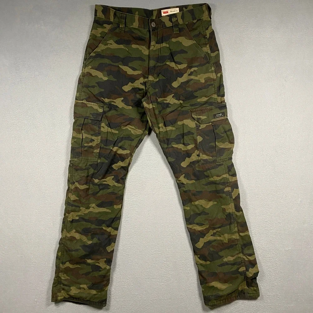Wrangler Fleece Lined Camo Cargo Pants Mens 30x32 Green Relaxed Fit 112359782